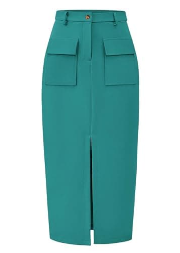 KIRUNDO Midi Skirts for Women Spring Summer High Waisted Cargo Trendy Pencil Slit Dressy Casual Business Work Long Skirt(Blue Green, Small) - Image 1