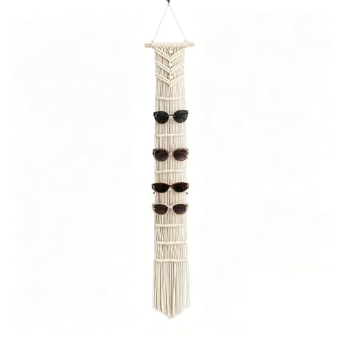 W Wellshine Macrame Sunglasses Holder Boho Wall Hanging Minimalist Eyewear Organizer Wall Sunglasses Rack (White) - Image 1