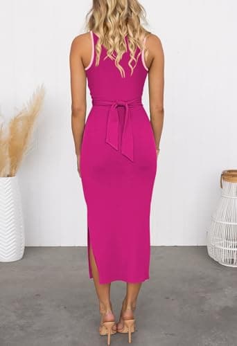 HUUSA Women's Sexy Birthday Outfit Tank Dress Crew Neck Sleevelss Night Out Flattering Twist Ruched Dress Color Patchwork Cutout Knit Belted Midi Bodycon Dress Pink/Rose Red S - Thumbnail 4