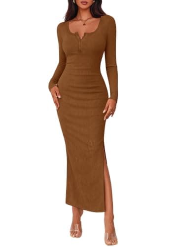 Lazysmile Women's 2026 Fall Long Sleeve Bodycon Maxi Dress Crew Neck Button Down Side Slit Knit Casual Dresses Brown - Image 1