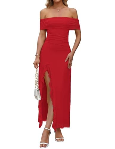 Zelroxa Women Sexy Off Shoulder Maxi Long Dresses Mesh Ruched Bodycon Asymmetrical Cocktail Wedding Birthday Party Graduation Banquet Gala Winery Ruffle Formal Evening Gown Vestido Red - Image 1