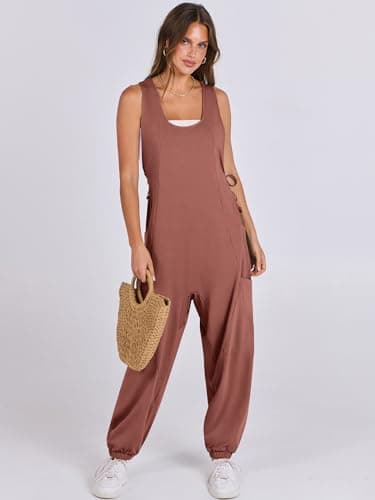 ANRABESS Women Overalls Jumpsuits Loose Casual Dressy Sleeveless Baggy Harem Pants Romper Jumpers 2026 Trendy Summer Outfits Caramel XX-Large - Thumbnail 3