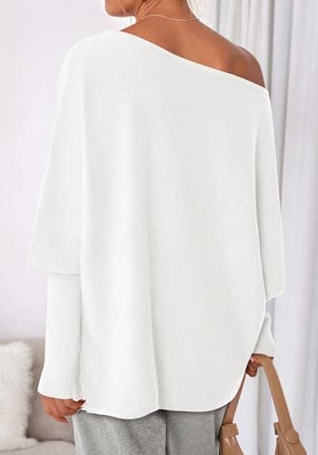 BTFBM Casual Fall Sweaters for Women 2026 Long Batwing Sleeve Ribbed Knit Tops Pullover Loose Off The Shoulder Sweater(White,Medium) - Thumbnail 6