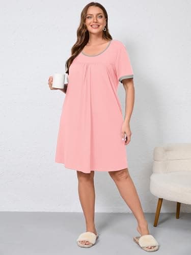 AusLook Plus Size Women's Nightgown 2X Pink Short Sleeve Sleep Dress Sleepwear Soft Sleepshirts Pleated Scoopneck Nightshirt Sleep shirts with Pockets - Thumbnail 5
