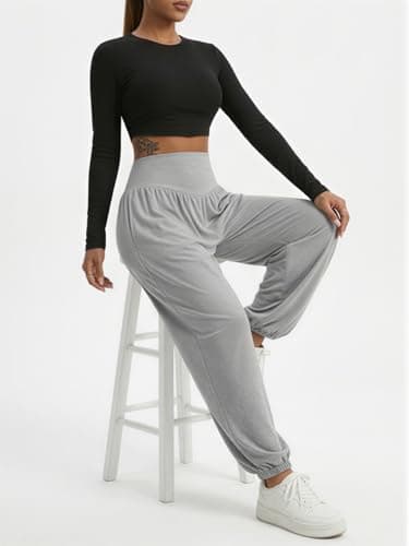 gaimoliso Womens Baggy Wide Leg Pants Plus Size Casual Loose Elastic Waisted Comfy Harem Pants with Pockets Grey - Thumbnail 4