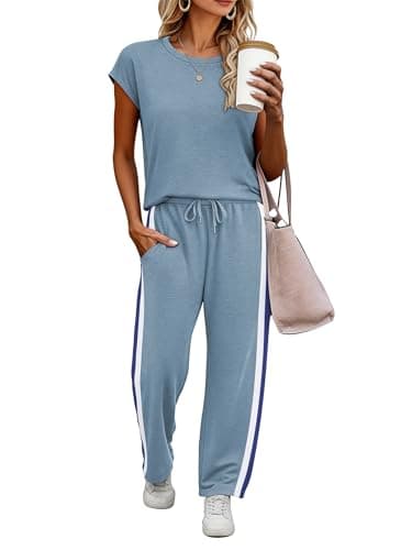 Casly Lamiit Workout Sets for Women Summer Vacation Outfits 2 Piece Sets Short Sleeve Fashion Clothing Blue Grey S - Image 1