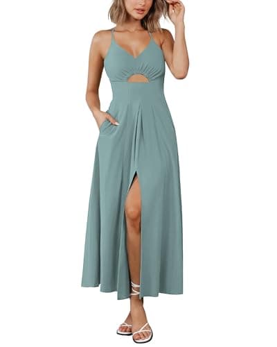 BTFBM Women 2026 Spaghetti Strap Midi Summer Dresses Sleeveless V Neck Cutout Slit Casual Beach Party Maxi Dress Pockets(Light Lake Blue, Medium) - Image 1