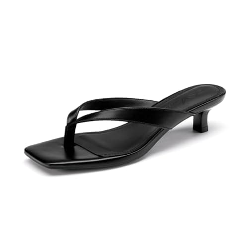 Athlefit Black Kitten Heels for Women Flip Flops Square Open Toe Summer Short Low Heels Slip On Dress Thong Sandals Black Size 6 - Image 1