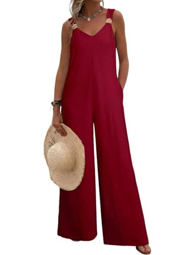 Acelitt Women Casual 2026 One Piece Jumpsuits Dressy Fashion Summer V Neck Sleeveless Loose Wide Leg Long Pant Rompers Outfits Red XL - Thumbnail 5