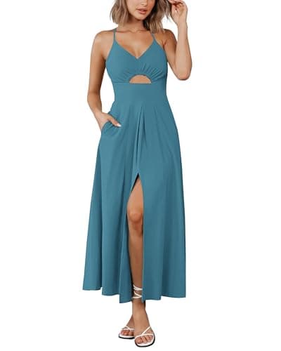 BTFBM Women 2026 Spaghetti Strap Midi Summer Dresses Sleeveless V Neck Cutout Slit Casual Beach Party Maxi Dress Pockets(Lake Blue, XX-Large) - Image 1