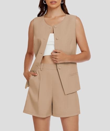 Casly Lamiit Two Piece Outfits for Women Short Sets Summer Business Casual Sleeveless Vest High Waisted Suits Dressy Work Clothing Khaki S - Thumbnail 3