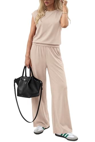 PRETTYGARDEN Women's Summer 2 Piece Lounge Sets 2026 Cap Sleeve Tops Wide Leg Pants Workout Sets Loose Casual Tracksuit(Beige,Small) - Thumbnail 2