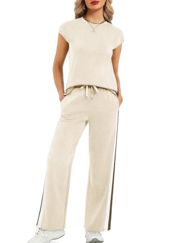 Casly Lamiit 2 Piece Sets for Women Crew Neck Travel Summer Outfits Casual Lounge Set Cap Sleeve Beige M - Thumbnail 2
