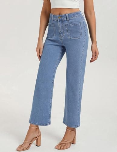 Belle Poque Women Straight Leg Jeans Light Blue Mid Rise Stretchy Wide Leg Denim Pants with Pockets Front (Light Blue, 6) - Thumbnail 3