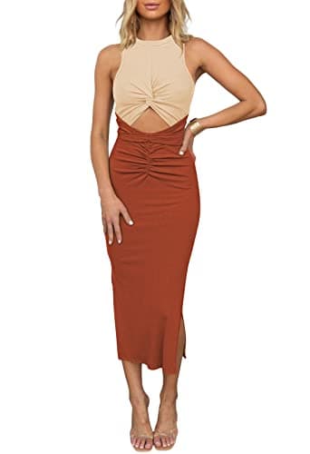 HUUSA Sleeveless Crewneck Hollow Out Tank Dresses for Women Sexy Color Block High Slit Criss Cross Twist Bodycon Ruched Ribbed Knit Club Night Out Dress Beige/Burnt Orange M - Image 1
