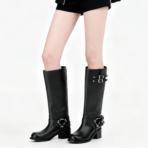QIV Black Pebbled Knee High Motorcycle Boots for Women – Classic Harness Ring Mid Calf Riding Biker Boots with Buckle Straps & Low Block Heel Size 9.5 - Thumbnail 6