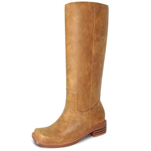 LeunDen Khahi Banana Knee-High Boots for Women, Tall Riding Boots with Square Toe Low Chunky Heel Faux Leather Pull-On Campus Long Boots Size 8.5 - Image 1