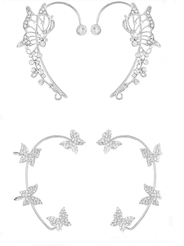 YRlilicc 2Pcs Glitter Rhinestone Butterfly Ear Cuff Vintage Non-Piercing Fake Earrings Bridal Wedding Climber Ear Wrap Prom Ball Ear Jewelry for Women (2Pair Silver) - Image 1