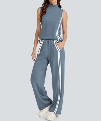 Casly Lamiit Lounge Wear for Women 2 Piece Set Travel Outfits Casual Sweat Suit Track Activewear Mock Neck Sleeveless Top Wide Leg Pants Grey Blue 2XL - Thumbnail 4