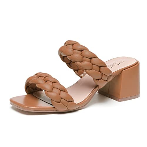 Athlefit Women's Braided Heels Sandals Square Open Toe Woven Chunky Block Low Heeled Tan Size 7.5