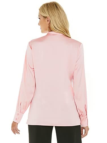 Women's Satin Blouse Bow Tie Neck Long Sleeve Button Down Shirt Casual Office Blouse Top (Pink, X-Large) - Thumbnail 6