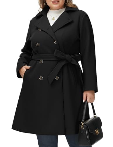 Hanna Nikole Plus Size Outwear Winter Wool Jacket for Women Mid Long Belted Classic Trench Coat Black 3X - Image 1