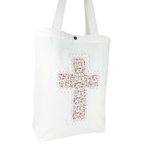 Christian Tote Bag for Women, Bible Bags with Handcrafted Cross & Lace, 12oz Canvas Religious Church Bag with Pocket & Snap Closure, Spacious Gift for Church & Baptism (White-Pink Mini Roses) - Image 1