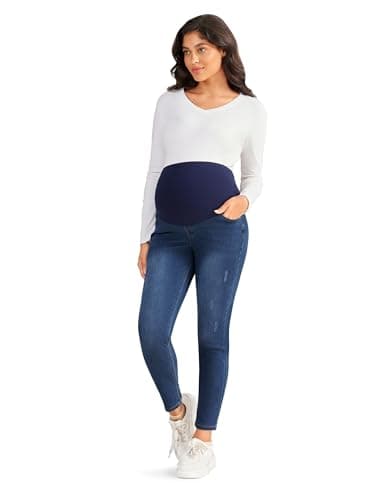 BRATUC Maternity Jeans for Women Stretchy Skinny Maternity Pants Comfy Slim Pregnancy Denim Pants with Pockets (Small Blue) - Thumbnail 2