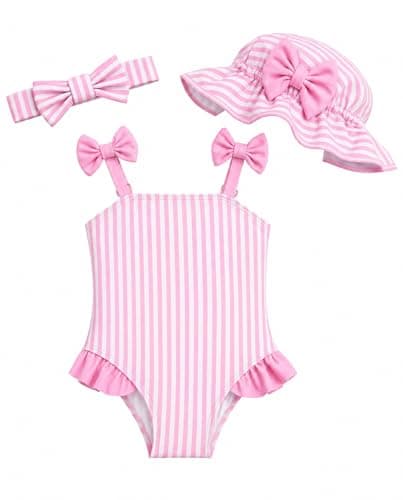 DivingBirds Baby Girl Swimsuit with Sun Hat & Headband Set, Infant One Piece Bathing Suit Newborn Summer Beach Gift,Pink Stripe,2-3T - Image 1