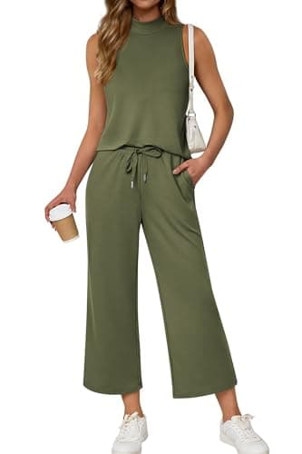 ATHMILE Two Piece Sets for Women Spring Summer Outfits Lounge Travel Mock Neck Drawstring Wide Leg Pants Tops Beach Vacation - Image 1