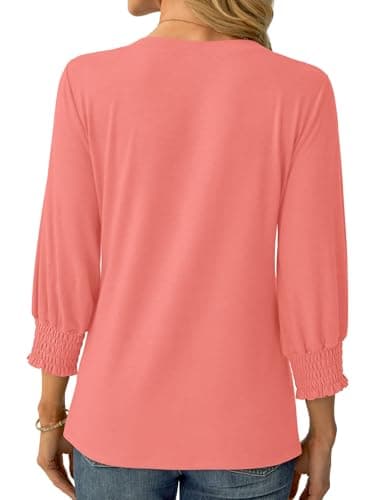 GKBK Womens 3/4 Sleeve Shirts V Neck Dressy Casual Spring Summer Blouses with Smocked Cuffs - Thumbnail 3