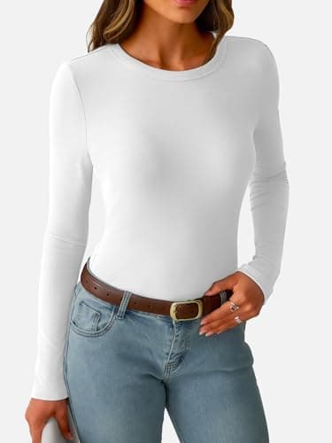 GKBK Womens Long Sleeve Ribbed Tops Fitted Stretch Casual Crewneck Basic Tee Shirts Tight Layering 2026 Fall Fashion Outfits White L - Thumbnail 2