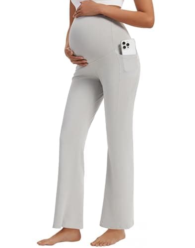 M MOTEEPI Maternity Work Pants 29" Over Belly Stretchy Pregnancy Dress Pants Adjustable Waistband Side Pockets for Work Leggings Light Gray X-Large - Image 1