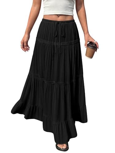 BTFBM Spring Skirts for Women 2026 Summer Boho Beach Vacation Clothes Casual Pleated High Waisted Flowy Maxi Skirt(Black, X-Large)
