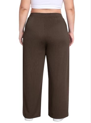 Lastshe Plus Size Comfy Lounge Pants for Women Wide Leg Stretchy Knit Pull On Trousers High Waist Travel Yoga,Chocolate Brown,4X - Thumbnail 2