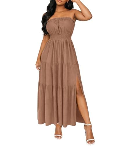 ABKY Off The Shoulder Dress Summer Strapless Tube Top Dresses Long Flowy A Line Side Slit Vacation Beach Holiday Party Outfit Khaki S - Image 1