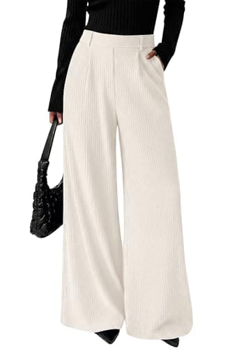 BTFBM Wide Leg Pants for Women Dressy Work Business Casual Elastic High Waisted Trousers Ribbed Lounge Palazzo Pants(White, Large) - Image 1