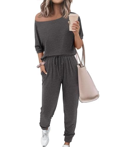 Zenlonr Women Summer 2 Piece Outfits 2026 Off Shoulder Short Sleeve Tops Elastic Waist Drawstring Long Pants Tracksuit(Dark Grey,Medium) - Image 1