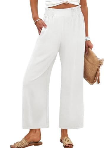 ANRABESS Womens Wide Leg Palazzo Pants Summer Beach High Waisted Cropped Flowy Pants 2026 Dressy Casual Trousers with Pockets White Small - Image 1