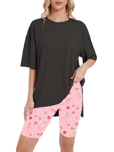 Heymoments Workout Sets for Women Print Floral Small Oversized T-Shirt and Biker Shorts Pajama Set Soft Summer Pajamas Set Breathable Sleepwear Comfy Nightwear Womens Pjs Set - Image 1