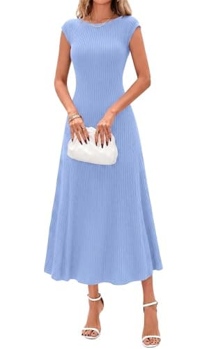 BTFBM Womens Summer Dresses 2026 Asymmetrical Neck Short Sleeve Pleated Knit Spring Sweater Midi Dress Business Casual(Light Blue, X-Large) - Image 1
