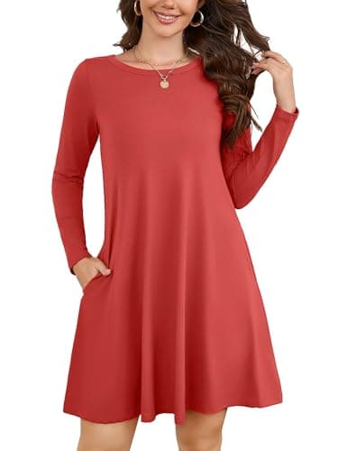 KORSIS Womens Dresses Long Sleeve T-Shirt Round Neck Casual A-Line Loose Swing Vocation Fall Winter Dress with Pockets Soild XL Brick Red - Image 1