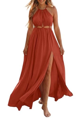 BTFBM Women Halter Summer Dresses 2026 Sleeveless Cutout Backless Sundress Slit Boho Maxi Beach Wedding Guest Dress(Orange Red, Large) - Image 1