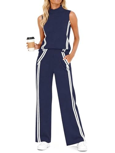 Casly Lamiit Two Piece Lounge Sets for Women Travel Outfits Casual Track Suit Sleeveless Tops Wide Leg Pant Summer Tennis Set Activewear Navy Blue L - Image 1