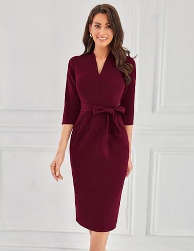 Office Dresses V Neck 3/4 Sleeve Church Dresses for Women Midi Pencil Dress L Burgundy - Thumbnail 4