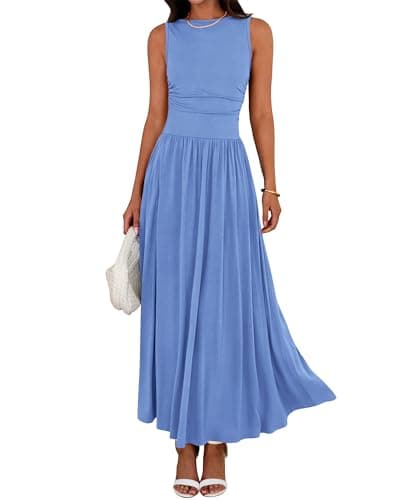 BTFBM Summer Maxi Dresses for Women 2026 Spring Sleeveless Casual Ruched High Waisted Long Sundress Flowy Beach Dress(Light Blue, X-Large) - Image 1