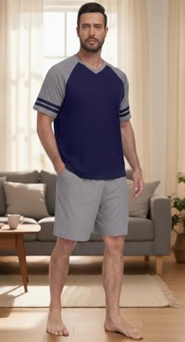 PrinStory Mens Pajamas Set Short Sleeve Lightweight and Soft Pajama Sets Summer Pjs Sets with Pockets Navy Blue Dark Gray-S - Thumbnail 3