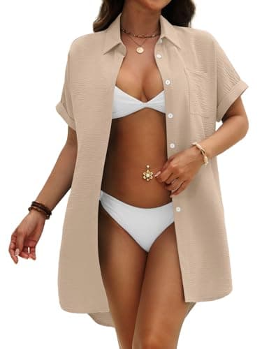 GKBK Women Swimsuit Coverup Shirt Dress Button Down Bathing Suit Cover Up Beachwear Khaki M - Thumbnail 5