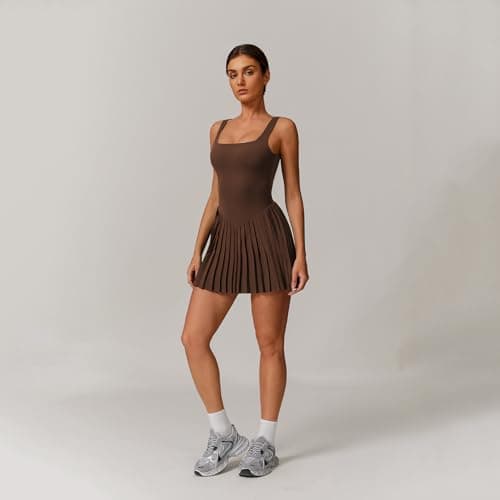 Womens Square Neck Tennis Dress Sleeveless Built in Shorts with Pockets Golf Athletic Dress Chestnut-M - Thumbnail 2