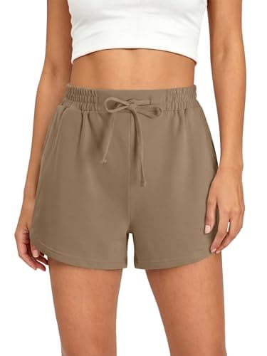 KISSMODA Women High Waist Soft Sweat Shorts Drawstring Pockets Daily Workout Casual Loungewear Lightbrown XS - Image 1